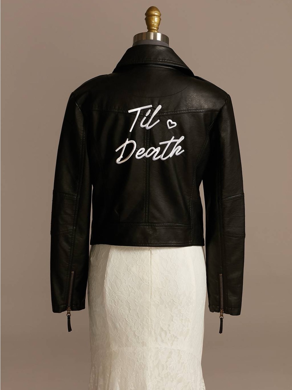 David’s Bridal Vegan Black Leather Jacket with 'Til Death Embroidery